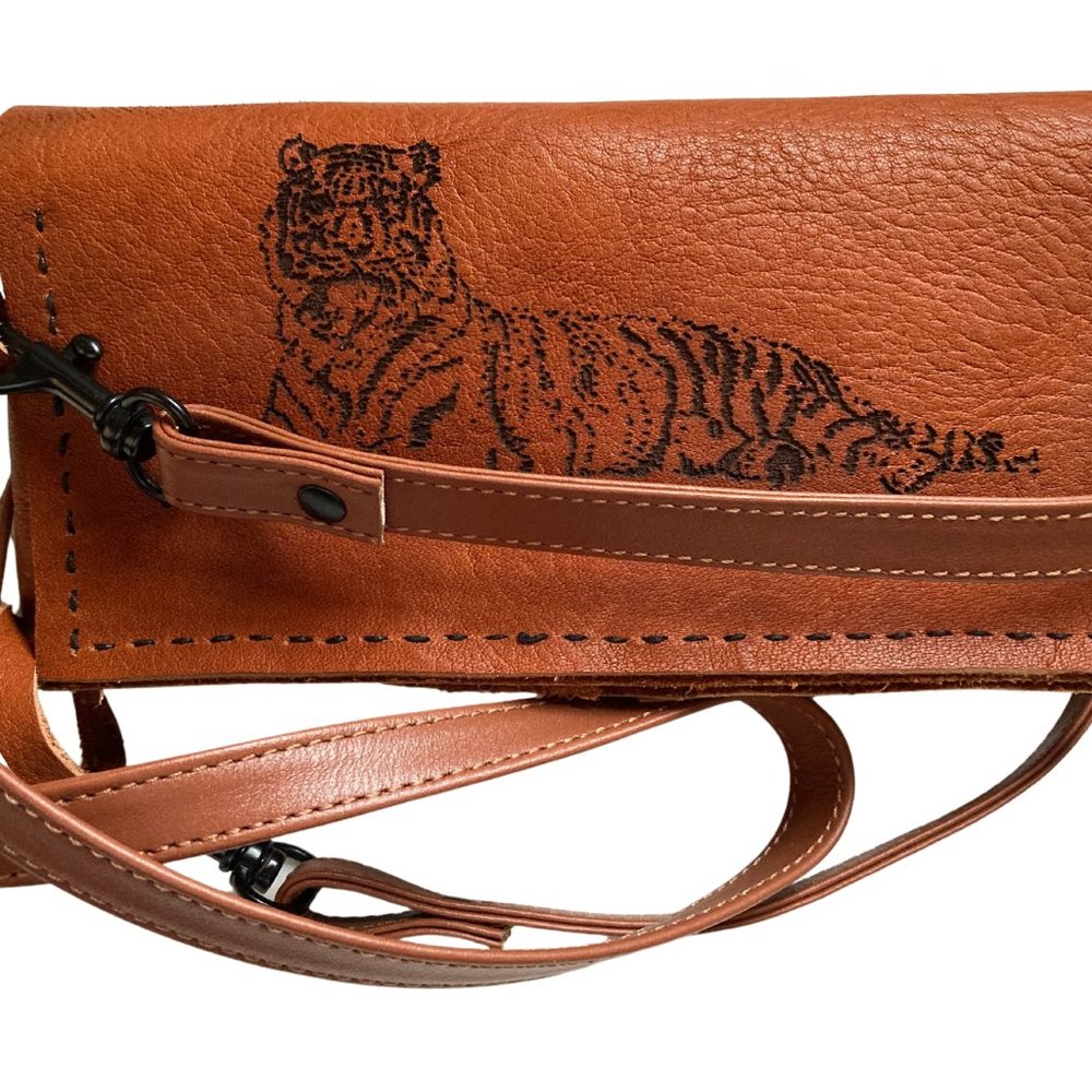 Leather laser printed tiger wallet/cell phone carrier with cross body strap